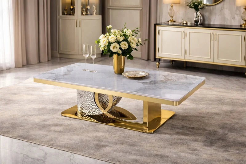Luxury Stone Top Coffee Table with Gold Metal Base