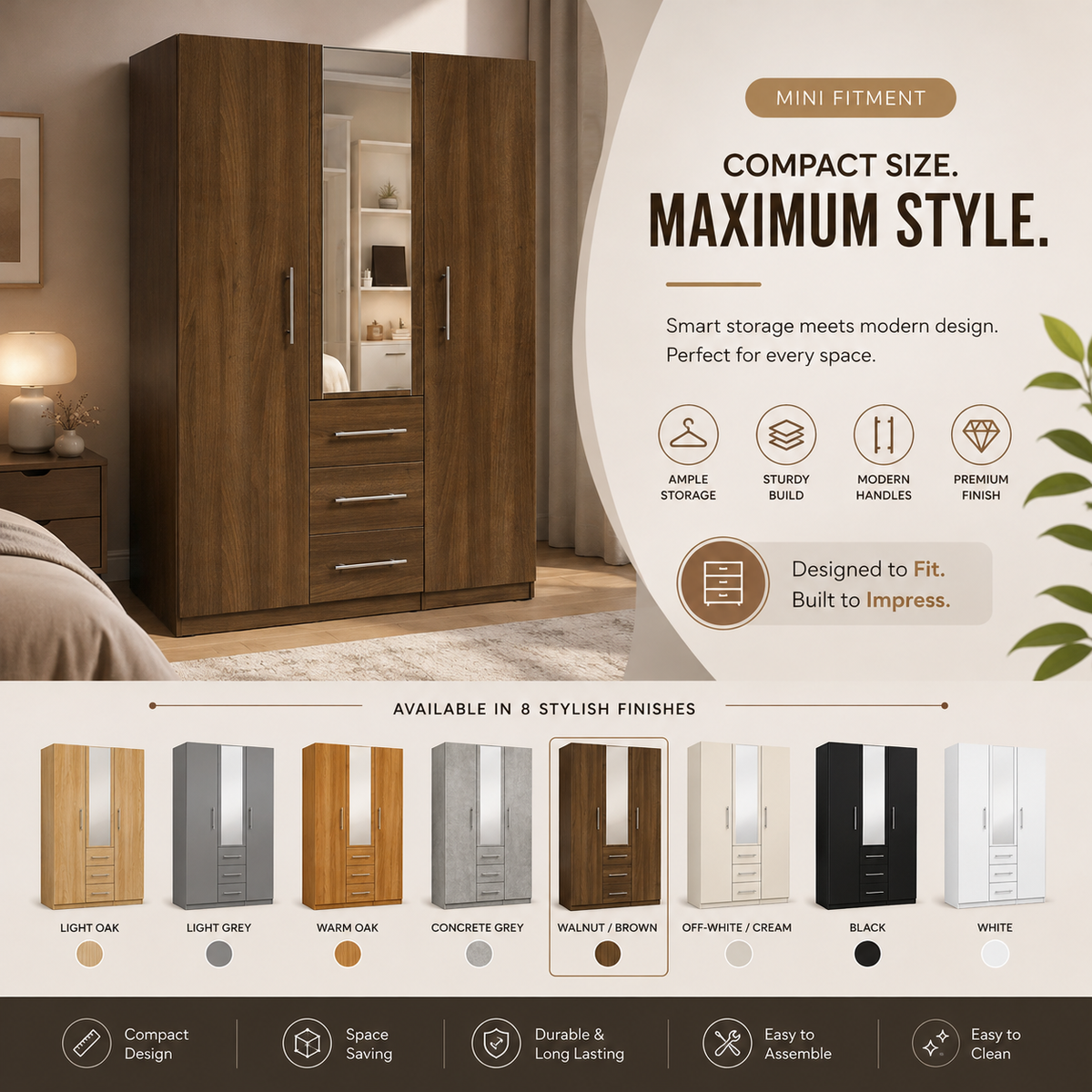 Mini Fitment 2-Door Mirrored Wardrobe with 3 Drawers
