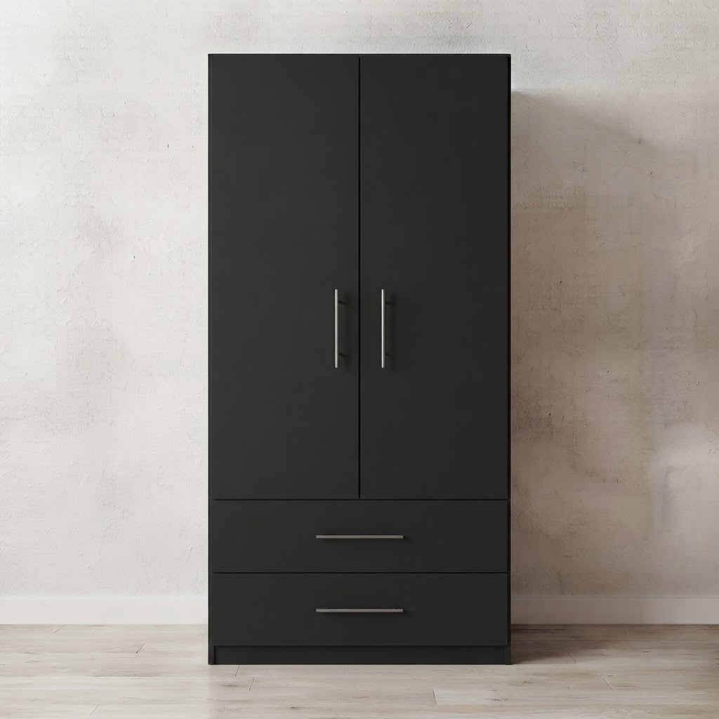 Modern 2 Doors Wardrobe with 2 Drawers | Sleek Bedroom Storage Cabinet
