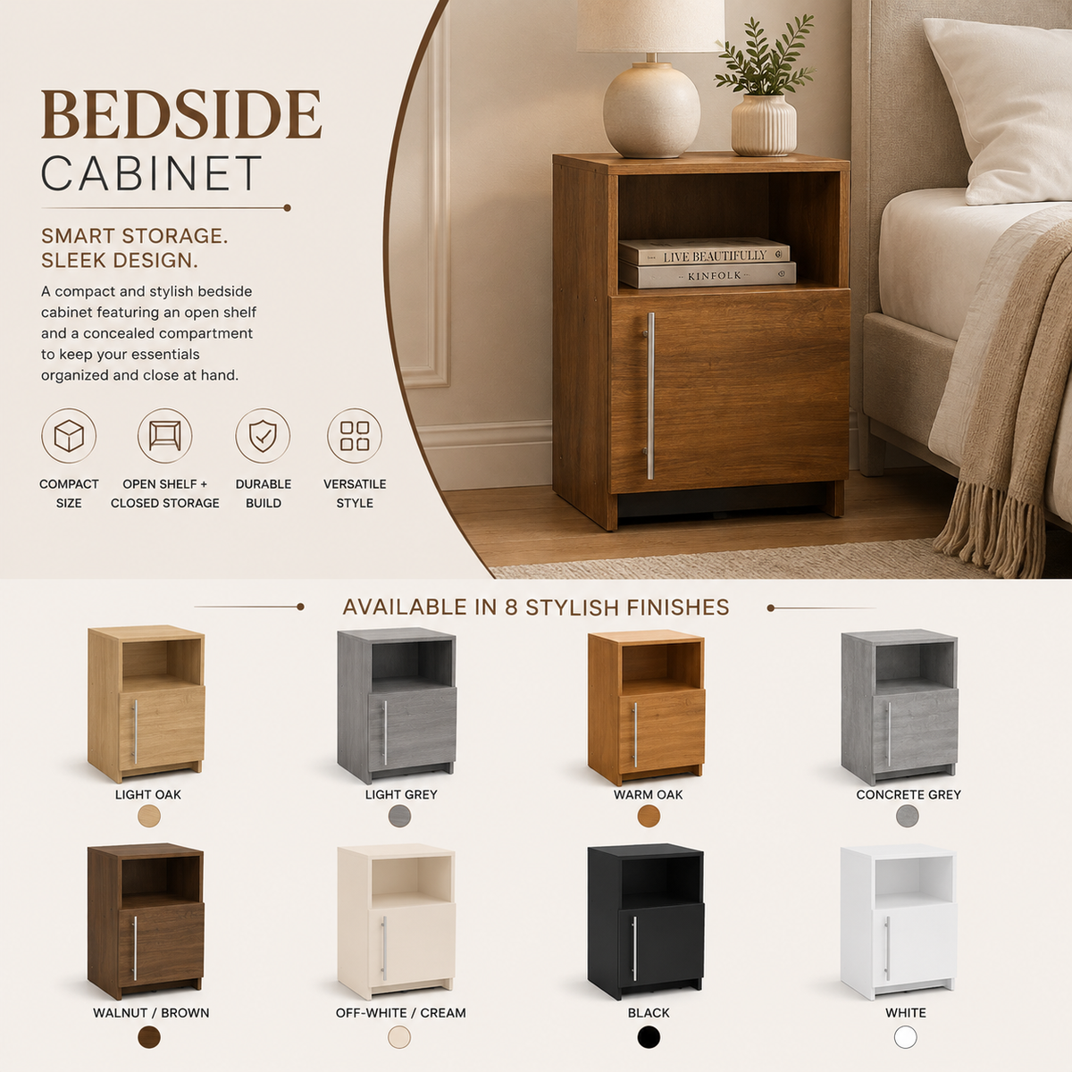 Bedside Cabinet with Door and Open Shelf