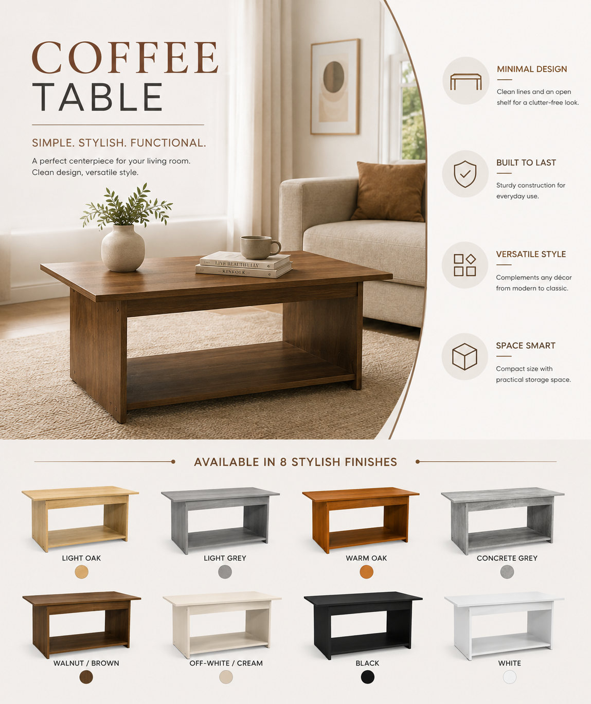 Modern Wooden Coffee Table with Lower Shelf | Living Room Furniture