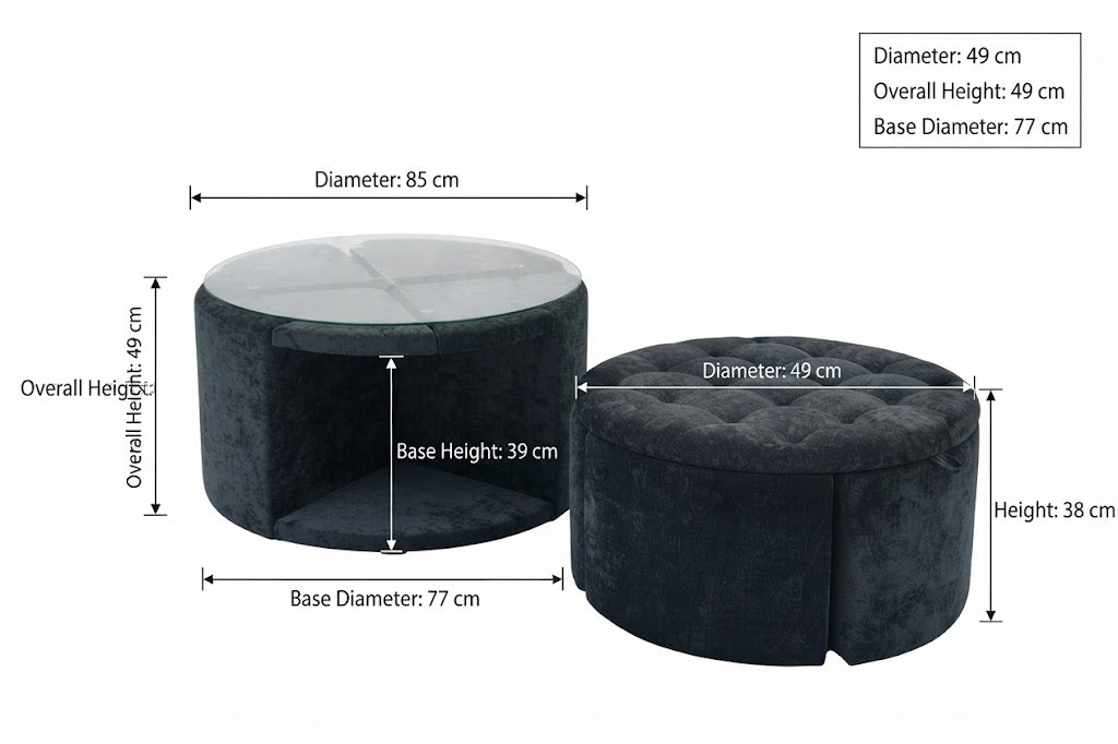 Modern Round Nesting Coffee Table Set with 4 Stools | Glass Top & Upholstered Seating