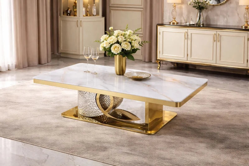 Luxury Stone Top Coffee Table with Gold Metal Base