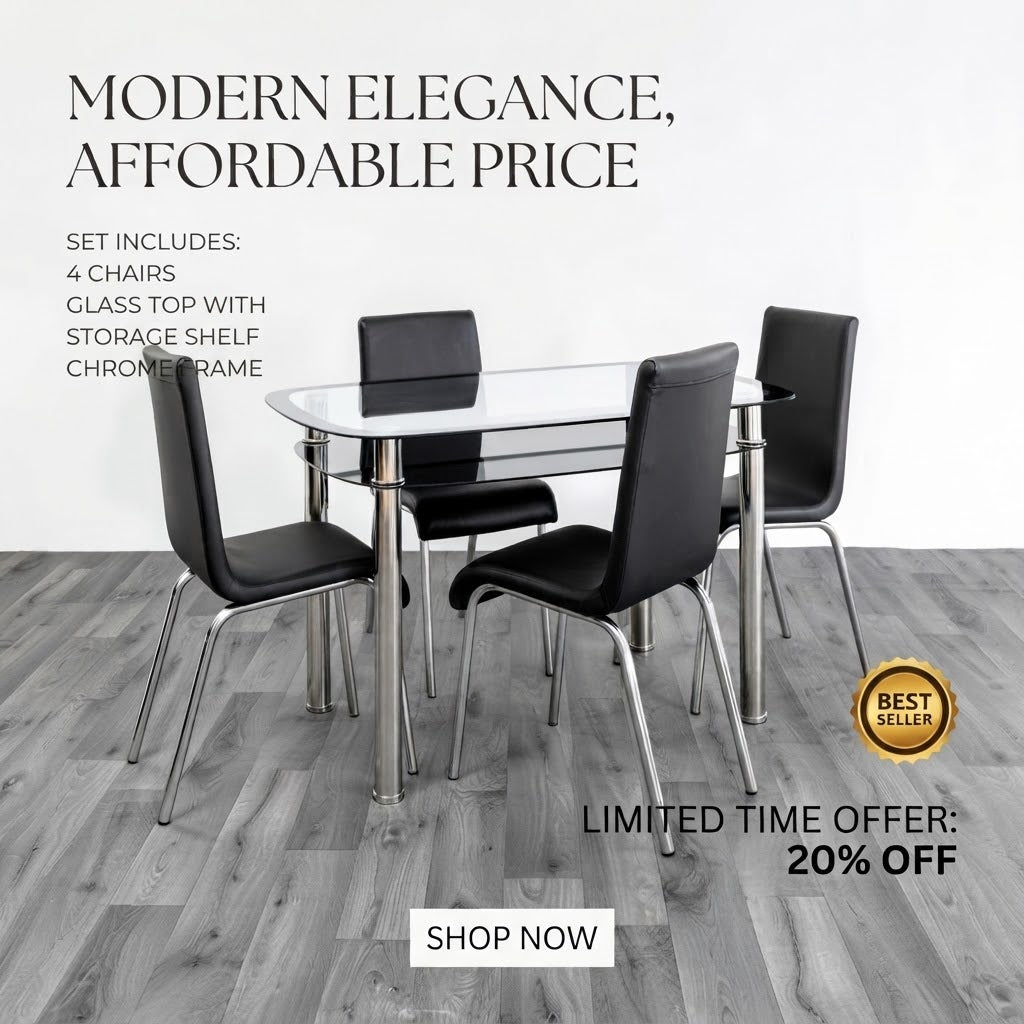 Budget Glass Dining Table Set with 4 Faux Leather Chairs & Storage Shelf