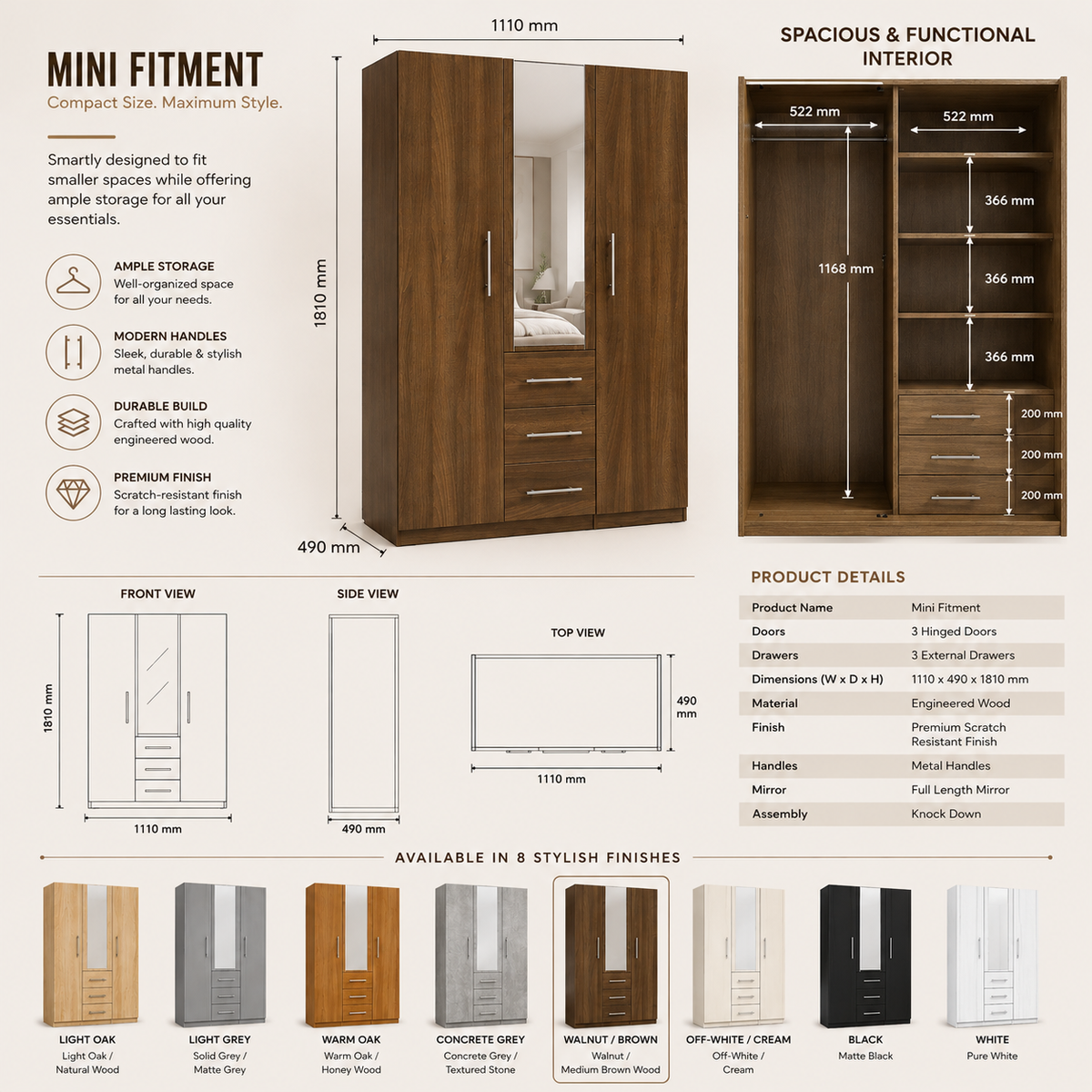 Mini Fitment 2-Door Mirrored Wardrobe with 3 Drawers