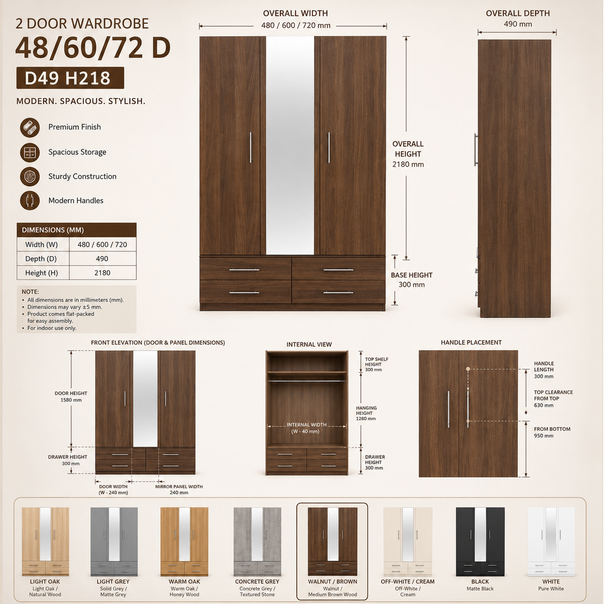Modern 2-Door Armoire with Full-Length Mirror & 4 Drawers