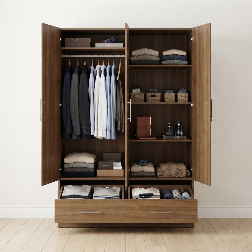 Modern 2 Doors Wardrobe with 2 Drawers | Sleek Bedroom Storage Cabinet