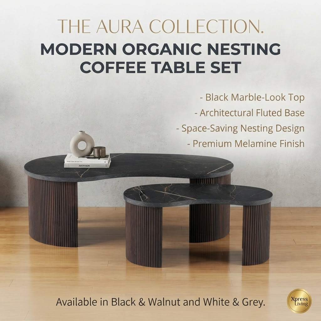 Modern Organic-Shaped 2-Piece Nesting Coffee Table Set | Fluted Base