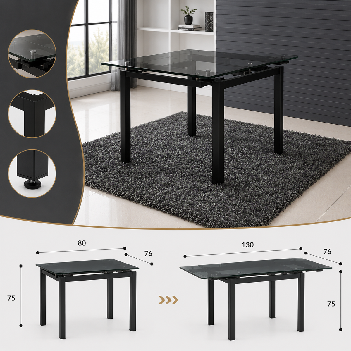 Modern Extendable Black Glass Dining Table with Metal Legs
