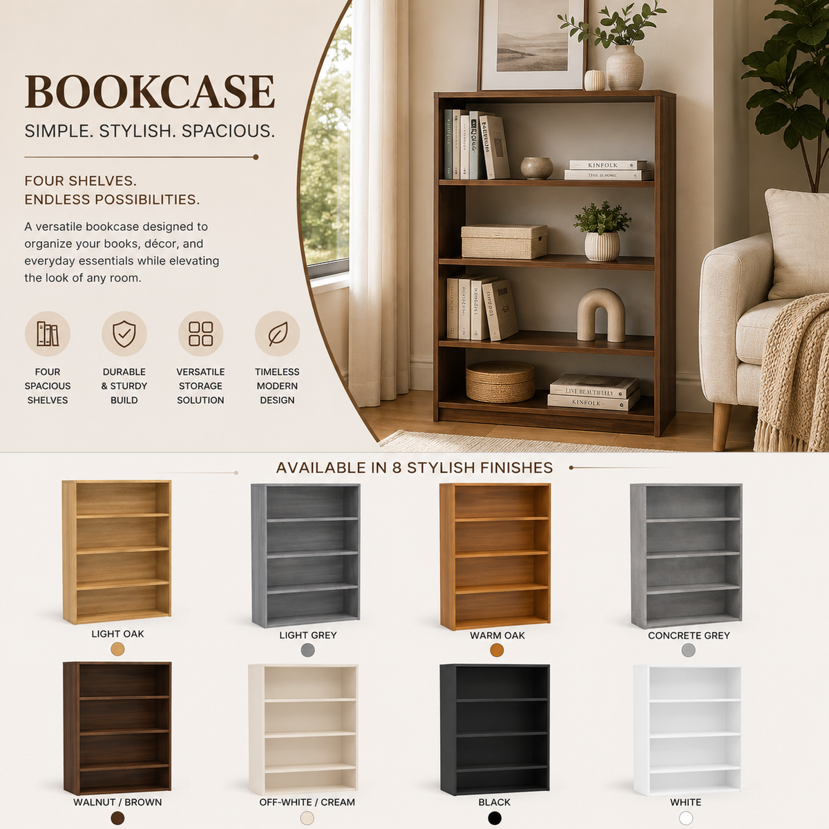 Modern 4-Shelf Bookcase