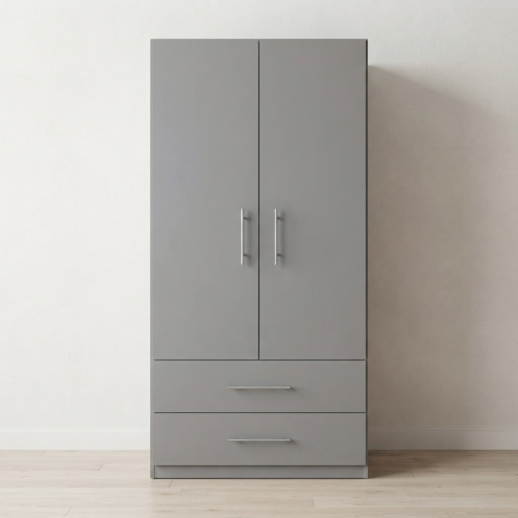 Modern 2 Doors Wardrobe with 2 Drawers | Sleek Bedroom Storage Cabinet