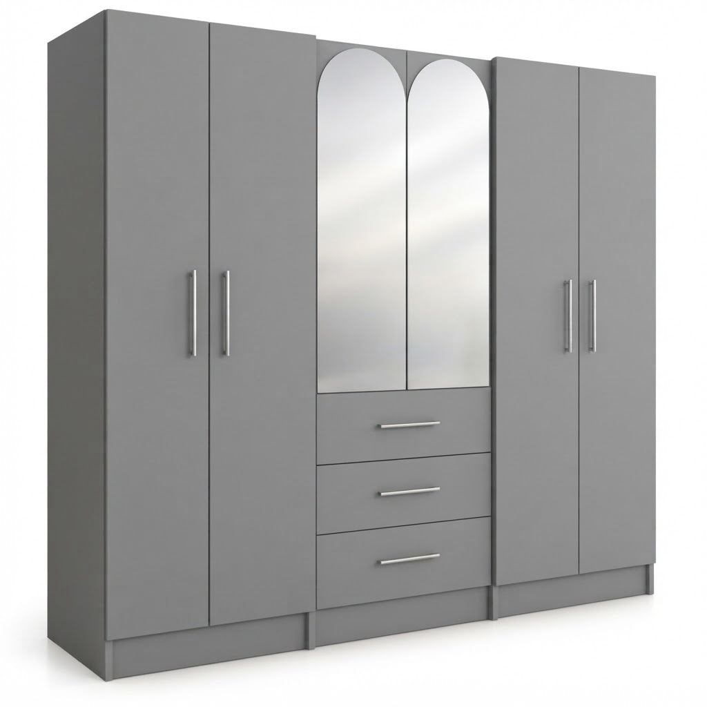 Multi-Door Wardrobe with Center Mirror and Drawers
