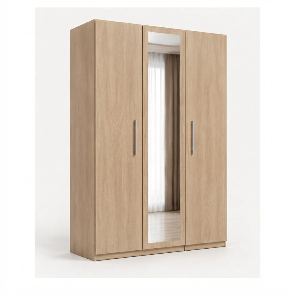 Modern 3-Door Wardrobe with Full-Length Mirror & Hanging Rails