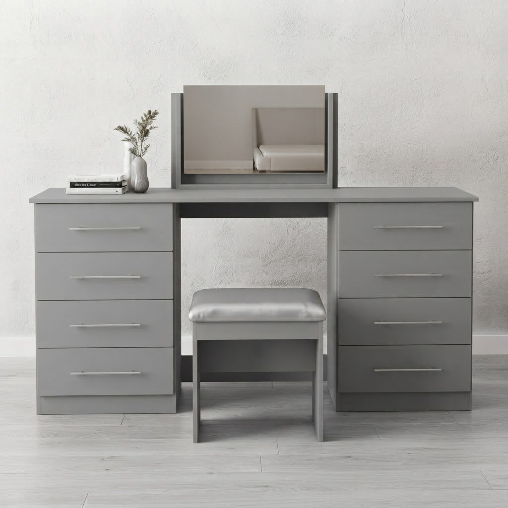 Modern 8-Drawer Dressing Table with Mirror & Stool | Bedroom Vanity Set