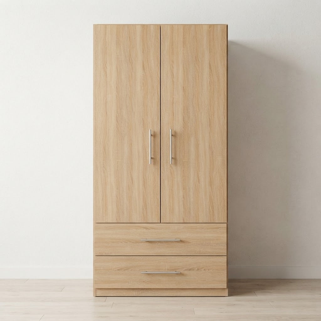 Modern 2 Doors Wardrobe with 2 Drawers | Sleek Bedroom Storage Cabinet
