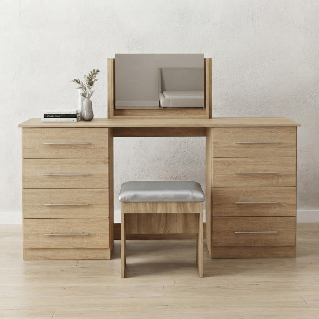 Modern 8-Drawer Dressing Table with Mirror & Stool | Bedroom Vanity Set
