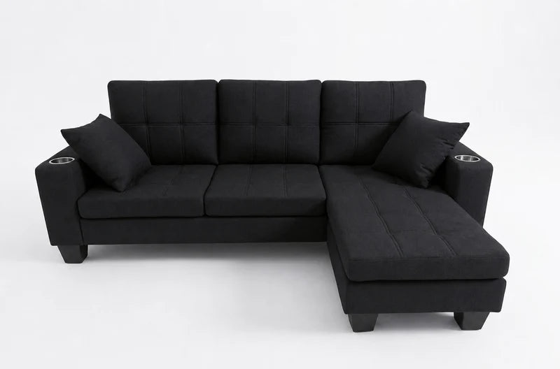Contemporary Fabric Corner Sofa with Built-In Cupholders