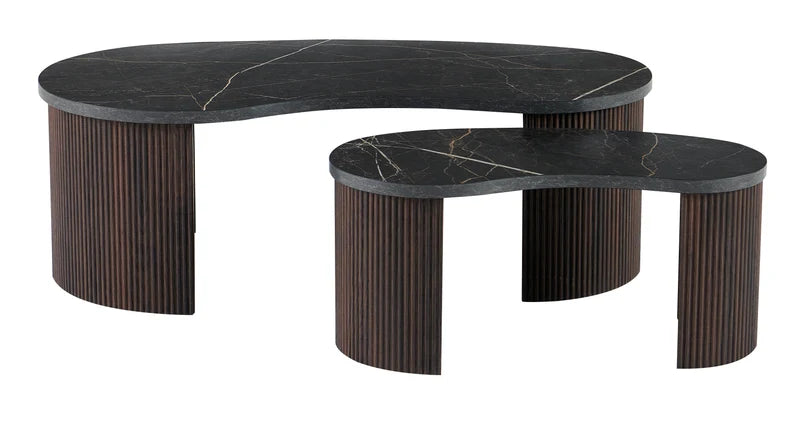 Modern Organic-Shaped 2-Piece Nesting Coffee Table Set | Fluted Base
