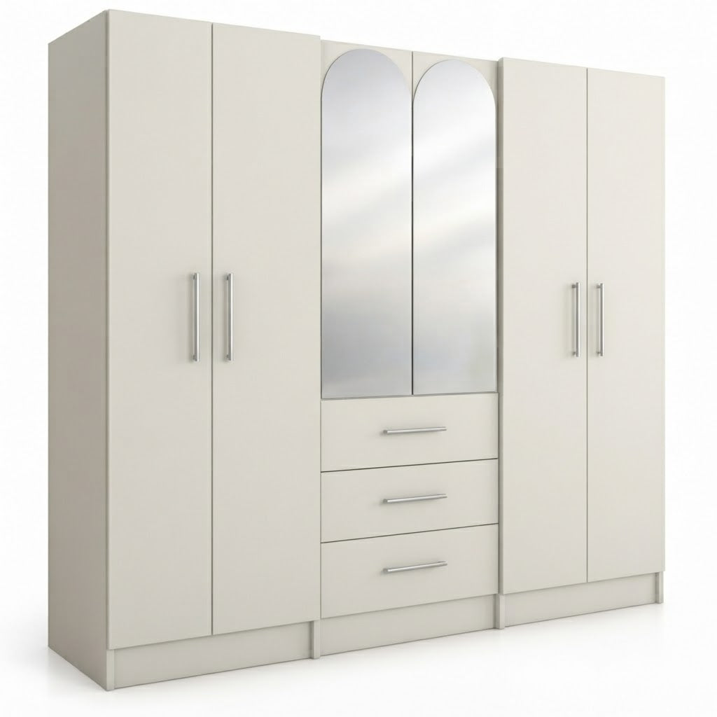 Multi-Door Wardrobe with Center Mirror and Drawers