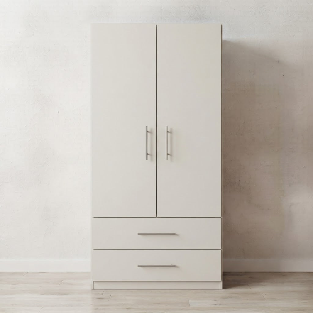 Modern 2 Doors Wardrobe with 2 Drawers | Sleek Bedroom Storage Cabinet