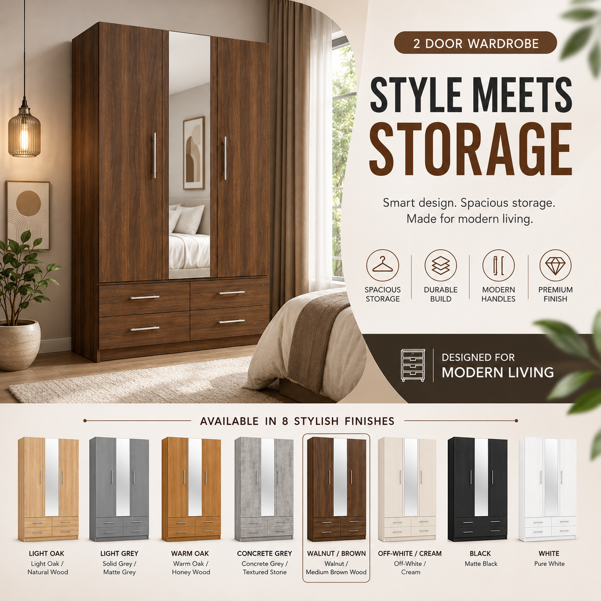 Modern 2-Door Armoire with Full-Length Mirror & 4 Drawers