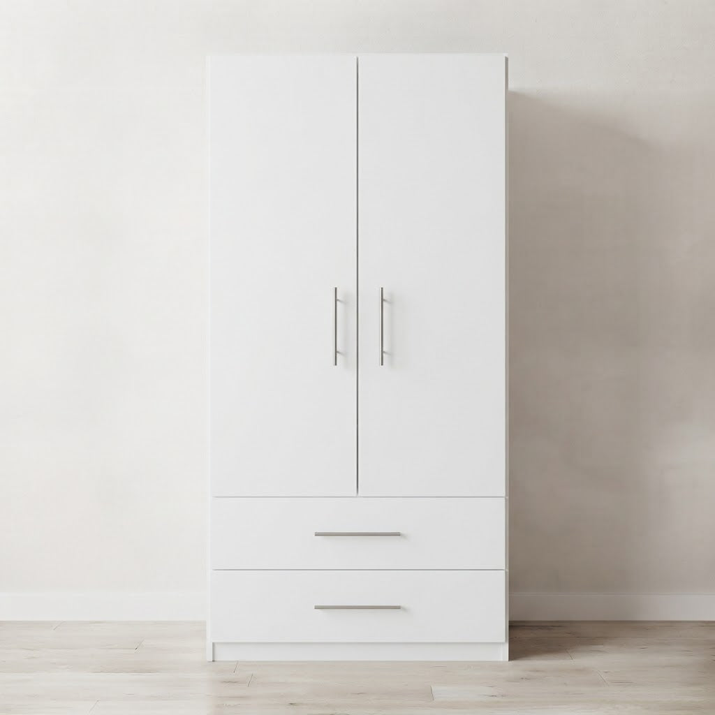 Modern 2 Doors Wardrobe with 2 Drawers | Sleek Bedroom Storage Cabinet