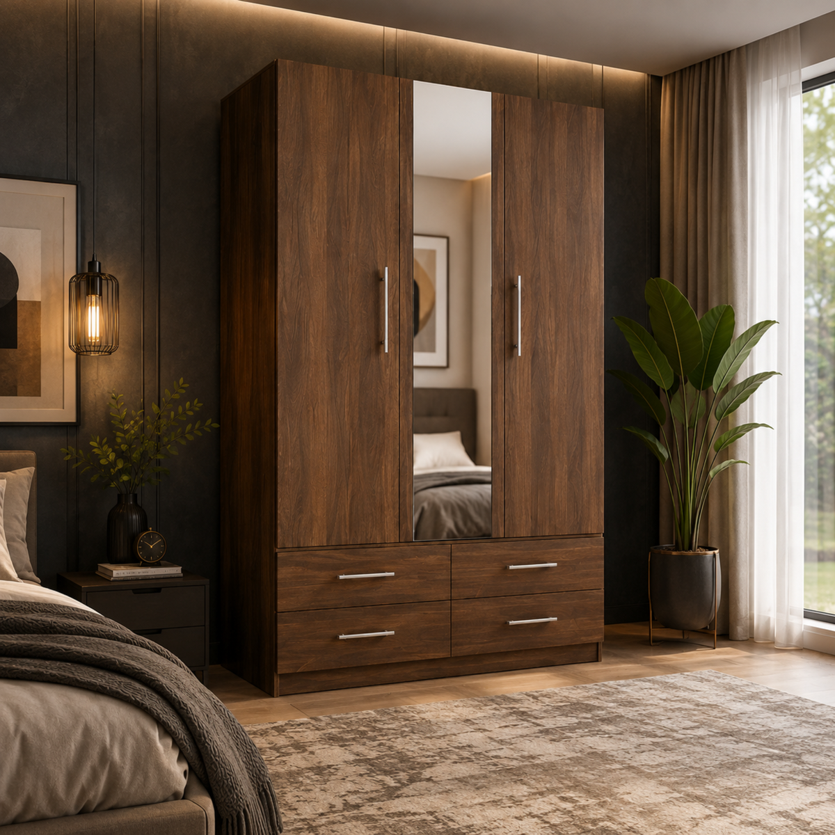 Modern 2-Door Armoire with Full-Length Mirror & 4 Drawers